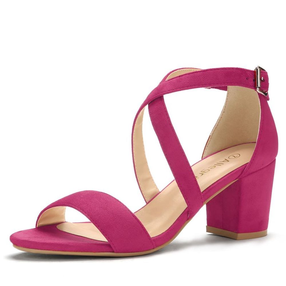 Women's Open Toe Crisscross Ankle Strap Mid Block Heel Hot Pink Sandals